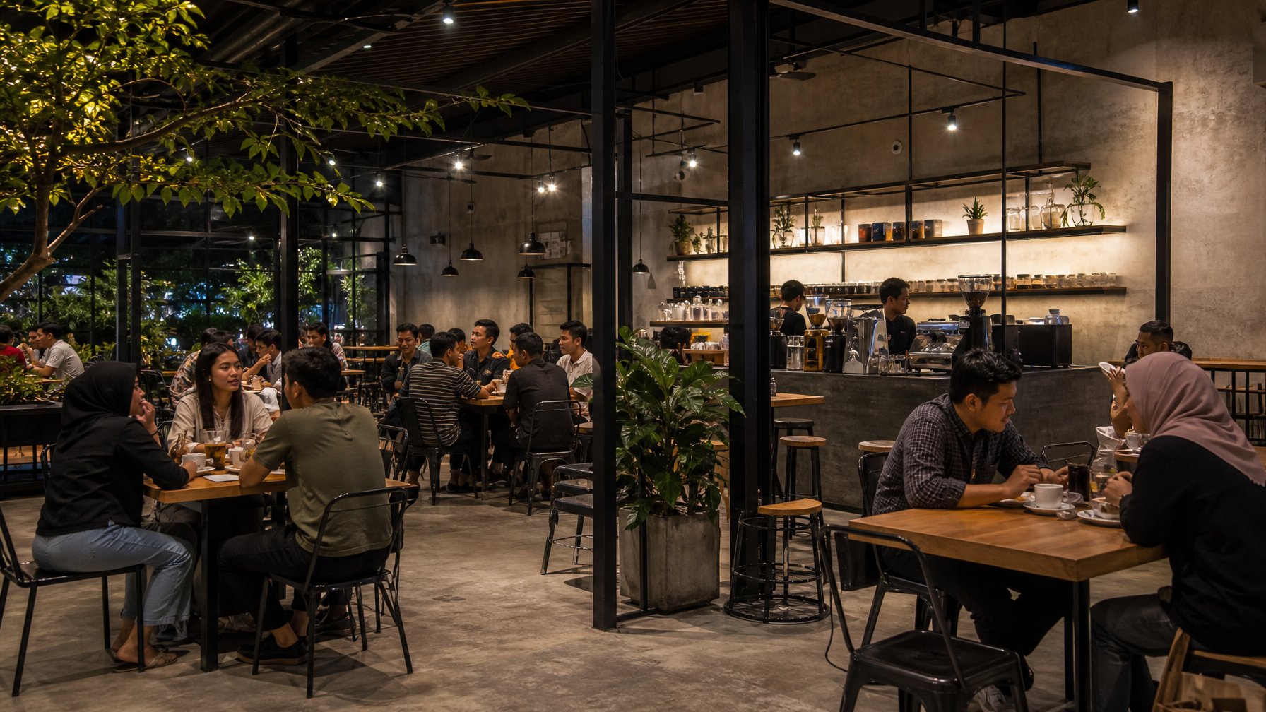 Kafe Malam Industrial Minimalis di Medan yang Ramai